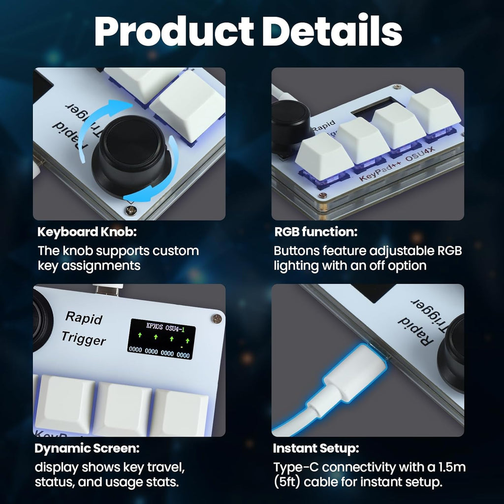 KPXOS OSU4X Hall Effect Keyboard, for OSU, DJMAX, SDVX, for Geometry, for PC/Mobile Rythm Game, HE Magnetic Macro Pad Keypad Device RGB Dash Rapid Trigger Gaming Gifts for Me